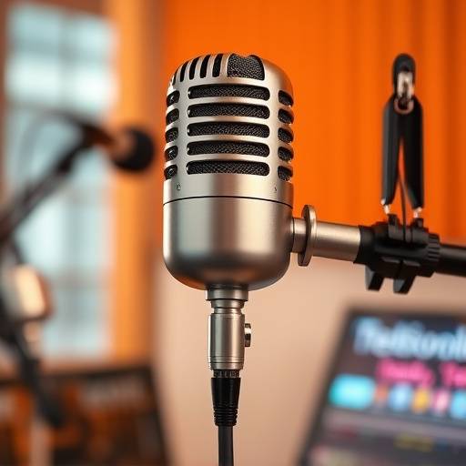 Microphone de studio professionnel, utilisé pour l'enregistrement de voix off pour une publicité radio.