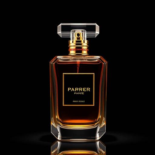 Photo publicitaire d'un parfum de luxe, avec un flacon élégant mis en valeur par un éclairage sophistiqué.