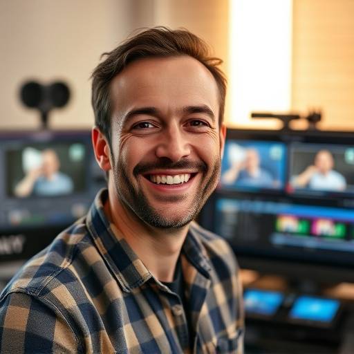 Portrait de Yannis Moreau, chef monteur vidéo, souriant devant un écran de montage vidéo.